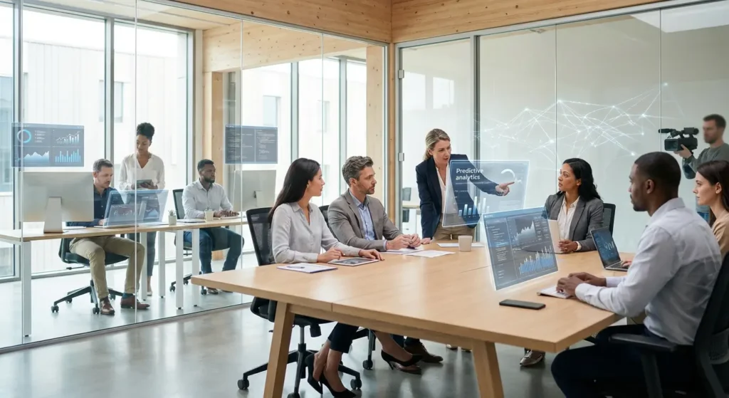 AI enhancing white-collar jobs, data streams in modern office