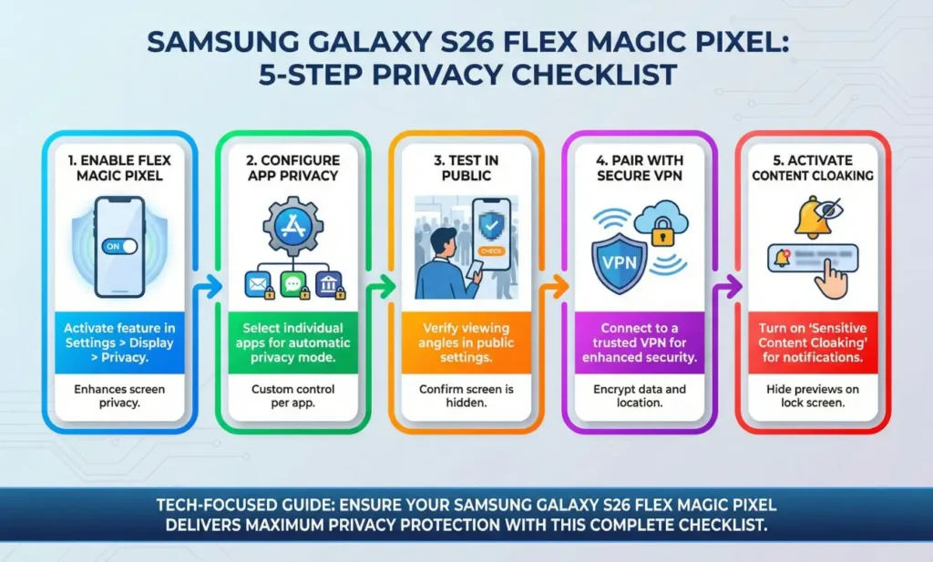 Checklist of enabling Samsung Galaxy S26 Flex Magic Pixel privacy display for apps and notifications.