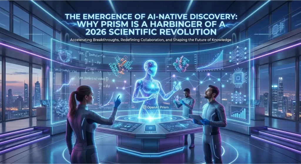 Futuristic AI-native lab workspace illustrating OpenAI Prism accelerating scientific discovery in 2026