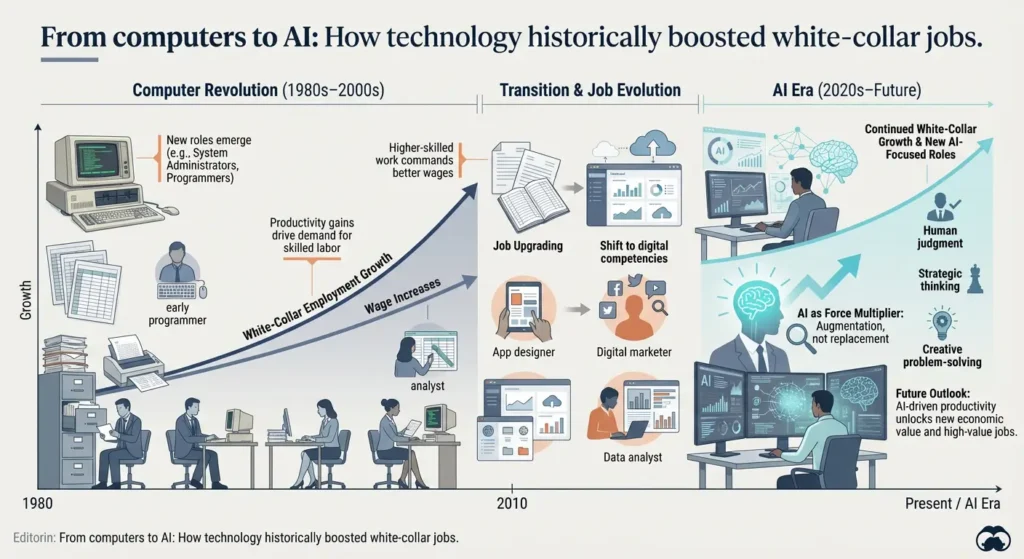 Historical chart showing white-collar job growth alongside tech adoption