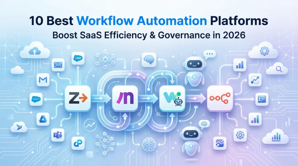 Illustration of interconnected workflow automation platforms including Zapier, Make, Workato, and n8n, highlighting SaaS integration, AI governance, and operational efficiency in 2026.