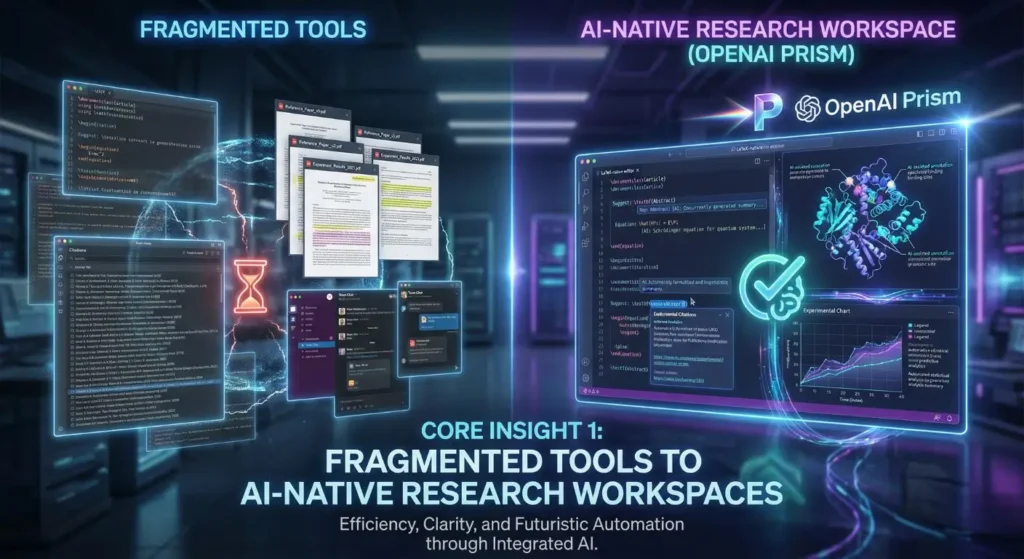 Side-by-side comparison of traditional fragmented scientific tools versus OpenAI Prism AI-native LaTeX research workspace