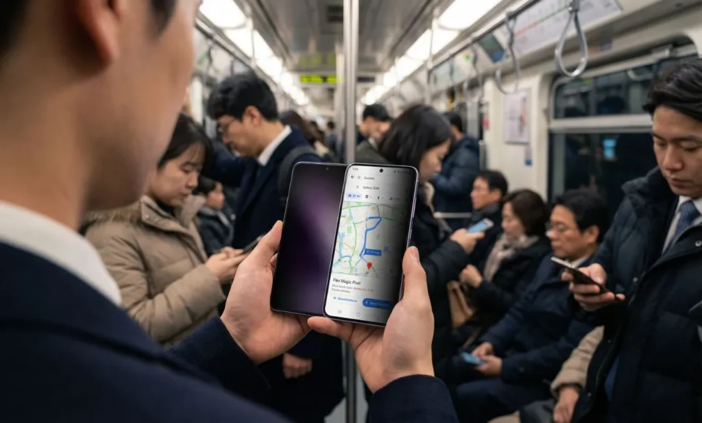 User watching Samsung Galaxy S26 with people in train with privacy display covering side view