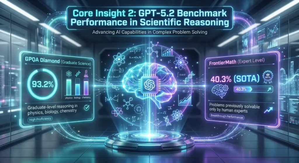 Visual representation of GPT-5.2 AI reasoning for scientific research with benchmark scores GPQA Diamond and FrontierMath