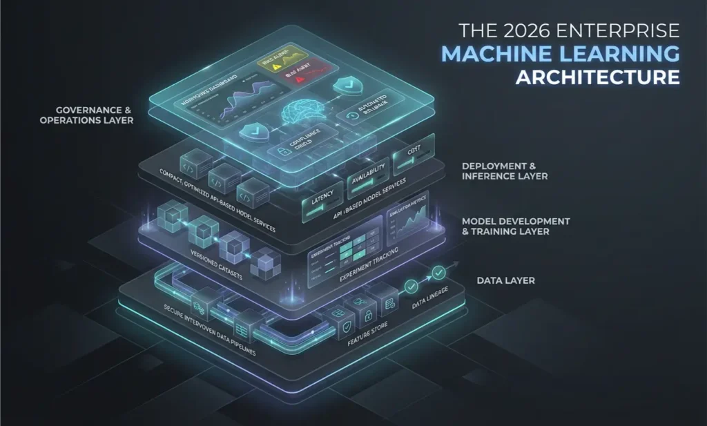 2026 enterprise machine learning architecture stack with data, model, deployment, and governance layers Production-grade enterprise ML stack designed for scalability, performance, and auditabilit
