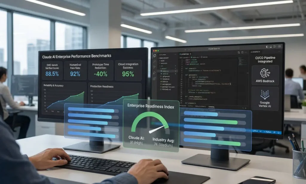 Claude AI performance metrics in an enterprise development setting, showing SWE-bench and HumanEval scores, prototype time reduction, cloud integration success, and production-ready coding outputs.