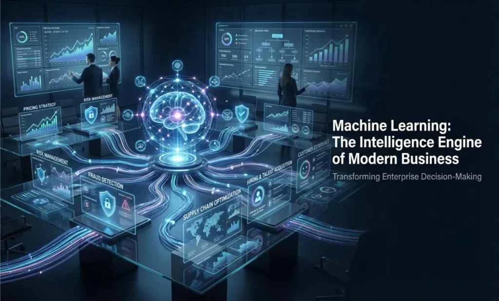 Enterprise machine learning concept showing AI-driven decision intelligence powering modern business operations