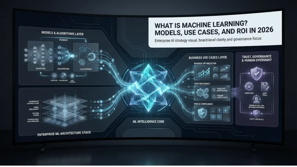 Enterprise machine learning platform showing models, use cases, architecture, governance, and ROI in 2026