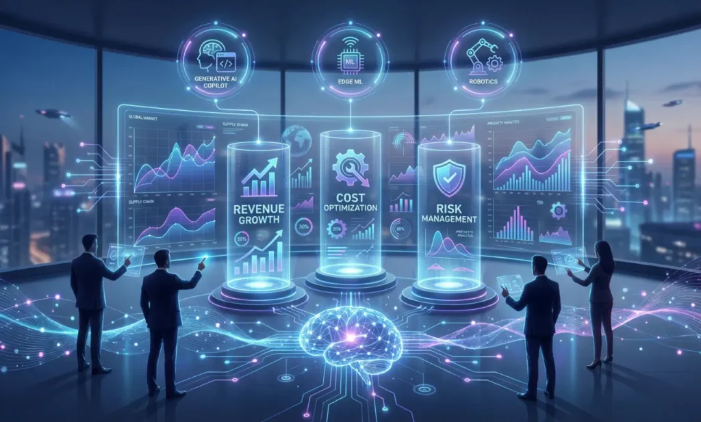 Futuristic business scene depicting machine learning applications in 2026, including AI copilots, edge ML, predictive models, and robotic automation, highlighting real-time decision-making and enterprise