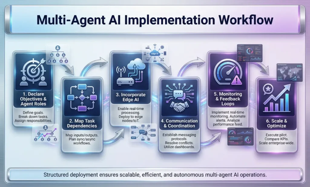 Infographic showing 6-step workflow for implementing multi-agent AI with Edge integration, task mapping, coordination, monitoring, and enterprise scaling.