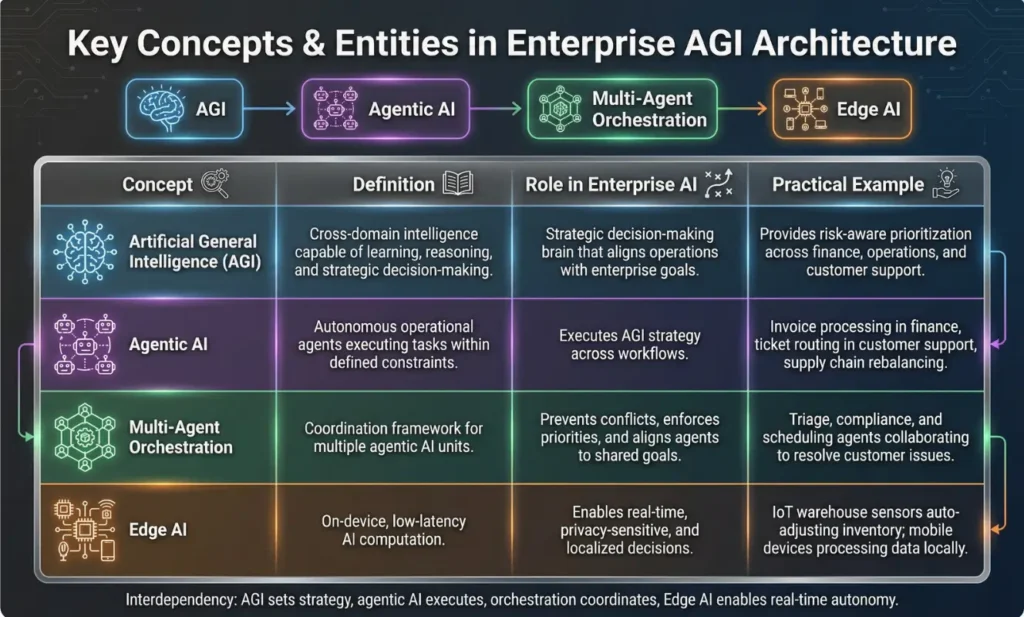 Modern enterprise infographic table comparing AGI, agentic AI, multi-agent orchestration, and Edge AI by definition, enterprise role, and practical examples, showing how strategy, execution, coord