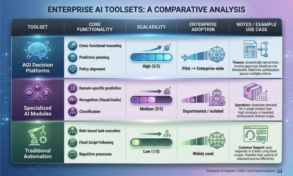 Modern infographic table comparing AGI Decision Platforms, Specialized AI Modules, and Traditional Automation by functionality, scalability, adoption, and example use cases.