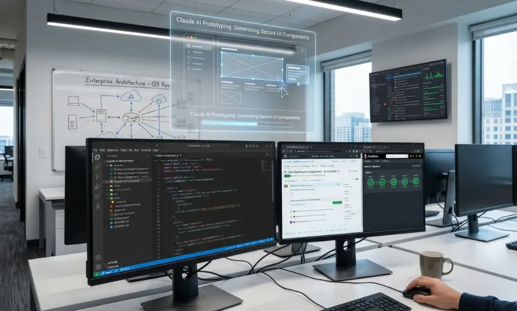 Realistic illustration of Claude AI Prototyping in a corporate development environment, showing AI-assisted code generation, GitHub workflows, CICD pipelines, and production-ready UI components. Realistic illustration of Claude AI Prototyping in a corporate development environment, showing AI-assisted code generation, GitHub workflows, CICD pipelines, and production-ready UI components.