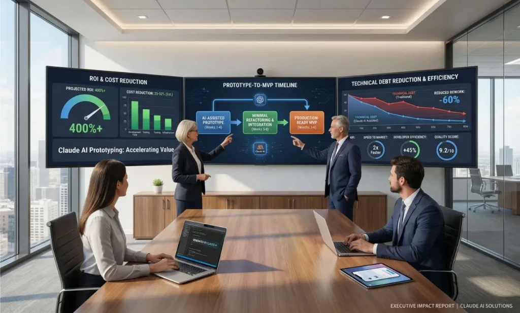 Realistic illustration showing Claude AI business impact, including ROI dashboards, cost reduction, rapid MVP delivery, and minimal technical debt in an enterprise executive setting.