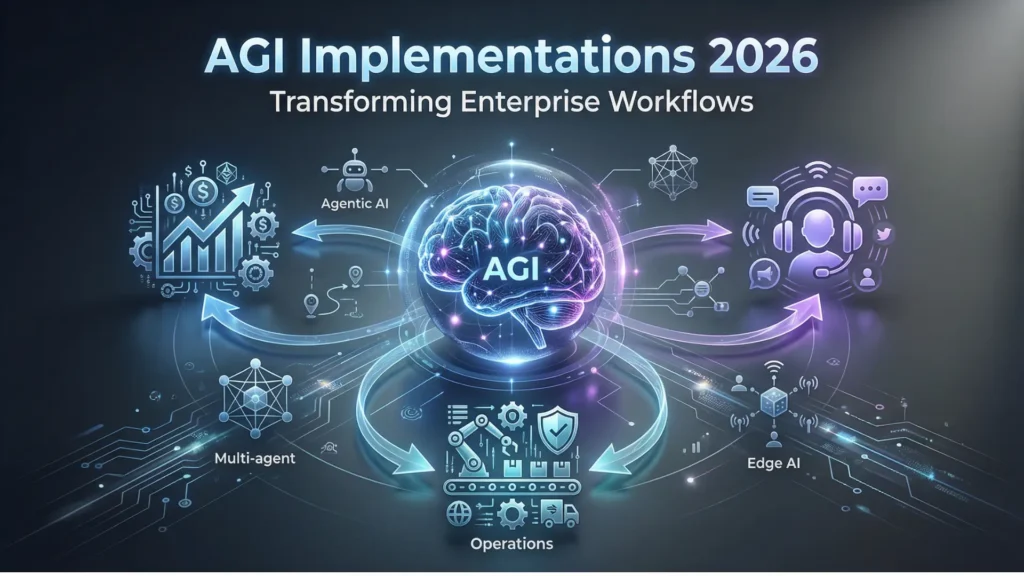"Thumbnail for 'AGI Implementations 2026: Transforming Enterprise Workflows' showing AGI as a central intelligence hub connected to finance, operations, and customer support with futuristic icons and flow lines."