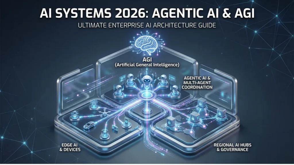 Thumbnail for “AI Systems 2026” showing a futuristic enterprise AI ecosystem with Agentic AI, AGI, multi-agent coordination, edge AI, and regional hubs in a sleek, modern layered network.