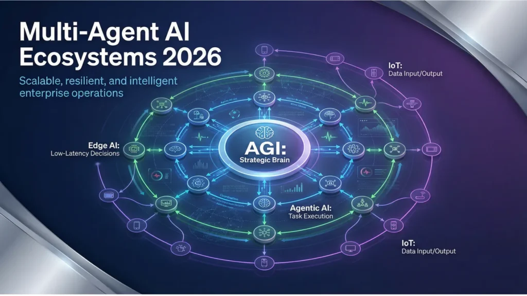 Thumbnail showing scalable multi-agent AI ecosystem for 2026 with AGI central node, agentic AI, Edge AI, and IoT connections.