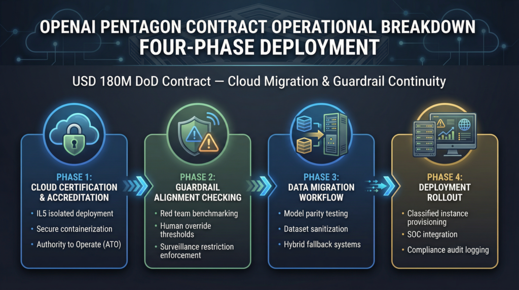 Four-phase infographic of OpenAI’s $180M Pentagon contract Cloud Certification, Guardrail Alignment, Data Migration, Deployment Rollout. Corporate, minimalistic style with navy background, bluegold accents, and securitycloud icons.