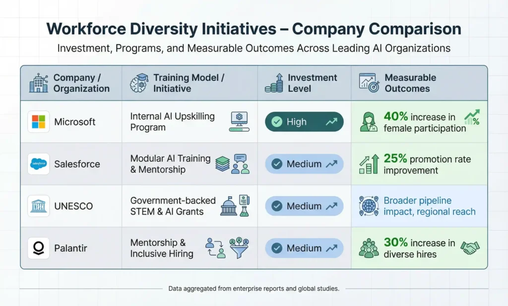 Comparison table showing workforce diversity initiatives across companies, including training models, investment levels, and measurable outcomes for women in AI roles.