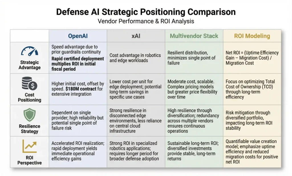 Defense AI Strategic Positioning Comparison table showing OpenAI, xAI, Multivendor Stack, and ROI modeling with speed, cost, resilience, and ROI metrics in corporate consulting style.