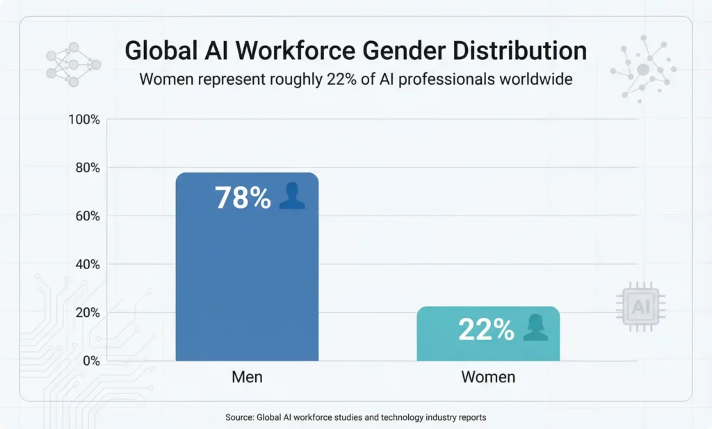 Donut chart showing global AI workforce gender distribution, highlighting that women represent 22% and men 78% of AI professionals worldwide.