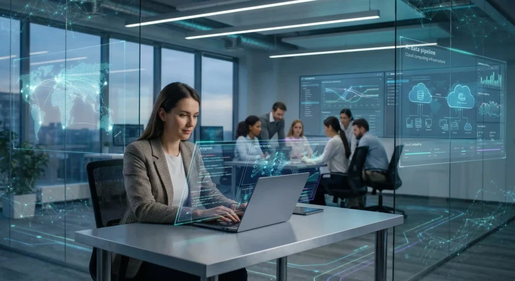 Female AI engineer working with holographic data and machine learning interfaces in a modern technology workspace, representing diversity in the global artificial intelligence workforce.