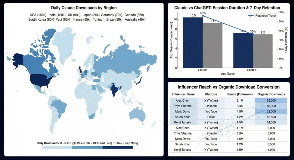 Geographic heatmap showing daily Claude AI downloads across top 10 regions, with gradient from light blue (low) to deep navy (high) and country labels