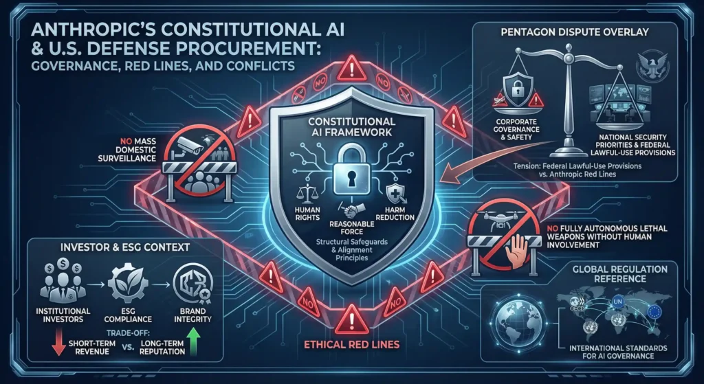 Infographic of Anthropic’s Constitutional AI, red lines, Pentagon conflict, ESG alignment, and global AI governance.