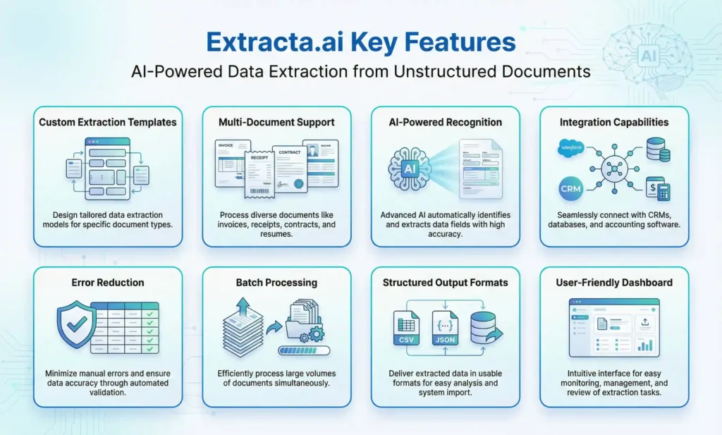 Infographic showing Extracta.ai features including AI document recognition, custom templates, integrations, batch processing, and structured data outputs.