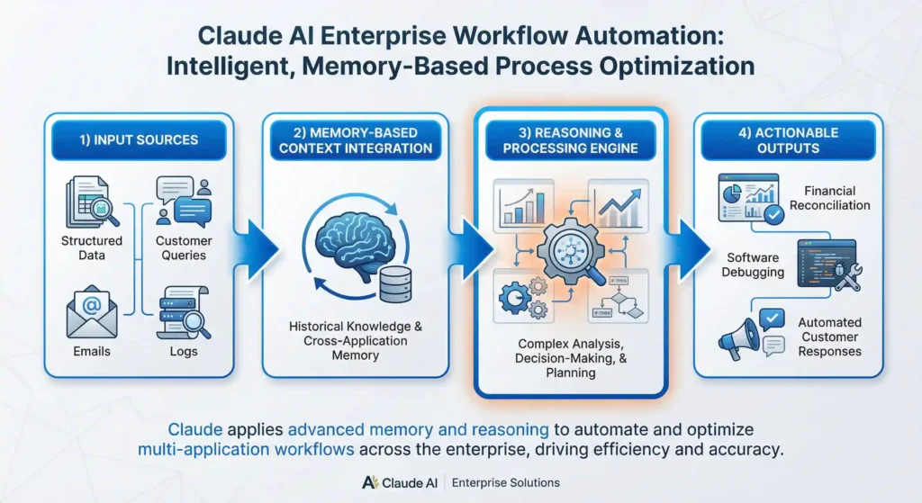 Layered architecture infographic illustrating Claude AI’s persistent memory, context transfer between applications, and multi-modal input channels for efficient automated reasoning.