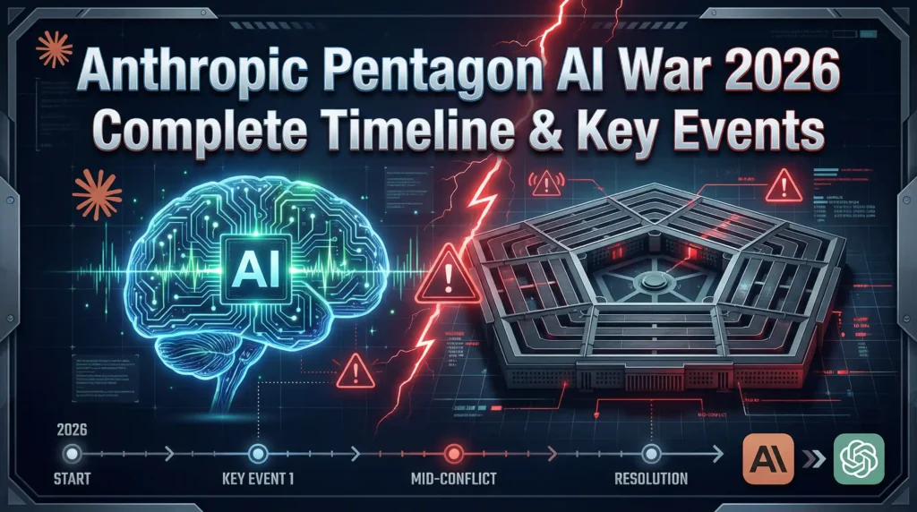 Thumbnail showing Claude AI, Pentagon, operational tension, and AI governance conflict for Anthropic Pentagon AI War 2026 timeline., Anthropic Pentagon AI War 2026 Complete Timeline & Key Events