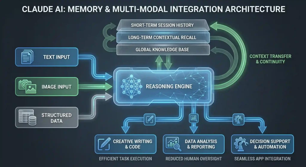 Visual flowchart of Claude AI’s memory system and multi-modal processing, highlighting session history storage, context sharing, and task outputs across text, images, and structured data.