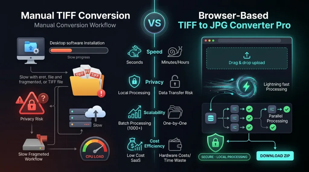 Convert TIFF to JPG instantly in browser. No upload, multi-page support, batch processing, ZIP export, and full privacy protection.